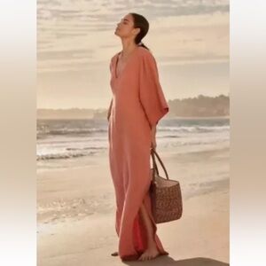 Barefoot Dreams Malibu Collection Sun Soaked Crinkle Cotton V-Neck Caftan Sz L